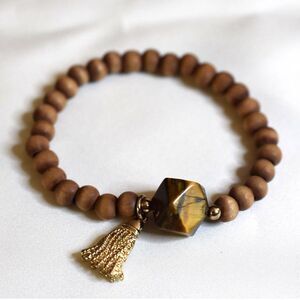 Trendy Faceted Tiger's Eye Center Stone Tassel Charm Wood Beads 7" Bracelet